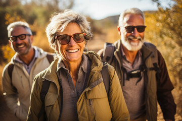 Fototapeta premium A lively group of active hiking, seniors embarks on a nature-filled adventure, traversing scenic trails with joy and camaraderie, embracing the beauty of the outdoors