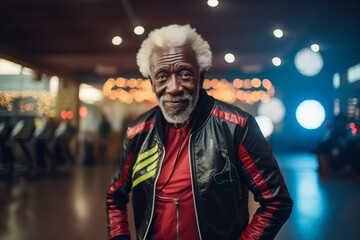Portrait of a glad afro-american elderly 100 years old man wearing a trendy bomber jacket against a dynamic fitness gym background. AI Generation