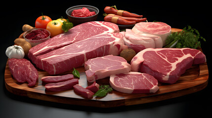 Fresh meat set placed on a wooden tray
