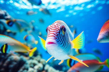  Tropical sea underwater fishes on coral reef. Aquarium oceanarium wildlife colorful marine panorama landscape nature snorkeling diving - obrazy, fototapety, plakaty