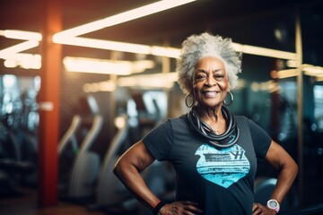 Portrait of a joyful afro-american elderly woman in her 90s dressed in a casual t-shirt against a dynamic fitness gym background. AI Generation