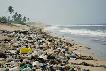Fototapeta na wymiar Environmental pollution concept. A heavily polluted beach with piles of trash on the ground