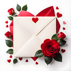 White background postcard with red hearts, and red rose flowers, Valentine's Day concept.