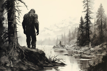 Bigfoot Standing On A Rock In The Forest