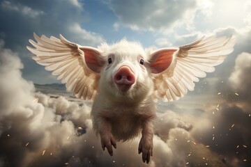Flying pig with wings in the sky.
