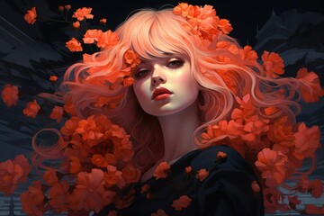 Art illustration of girl with red flower in hair,