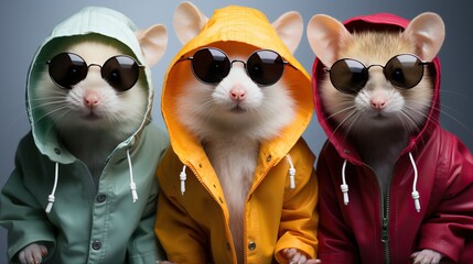 Three stylish rats mouse dressed in colorful jackets with sunglasses on their eyes.