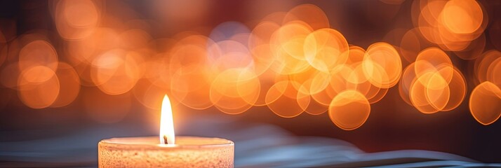 Glowing candle light and bokeh effect, wide banner template.
