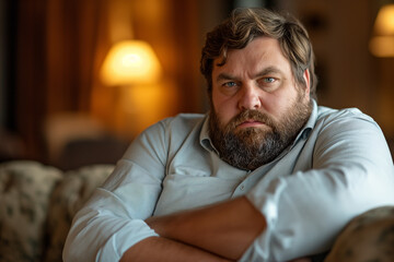 Fototapeta premium Pensive Man Sitting in a Warmly Lit Room