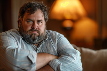 Obraz premium Pensive Man Sitting in a Warmly Lit Room
