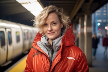 Fototapeta premium Portrait of a merry woman in her 40s sporting a quilted insulated jacket against a bustling city subway background. AI Generation