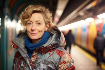 Obraz premium Portrait of a merry woman in her 40s sporting a quilted insulated jacket against a bustling city subway background. AI Generation