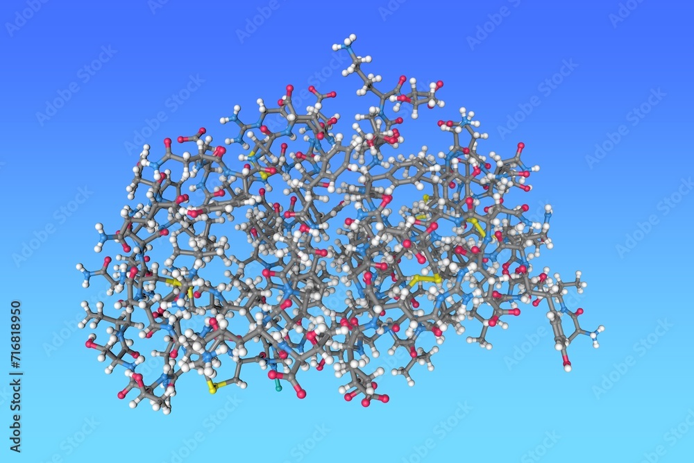Wall mural T6 human insulin. Molecular model. Atoms are shown as spheres with conventional color coding: carbon (grey), oxygen (red), hydrogen (white), nitrogen (blue), sulfur (yellow). 3d illustration - Wall murals
