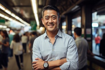 Portrait of a smiling asian man in his 40s dressed in a relaxed flannel shirt against a bustling city subway background. AI Generation