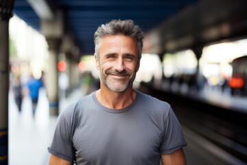 Fototapeta premium Portrait of a happy man in his 50s dressed in a casual t-shirt against a bustling city subway background. AI Generation