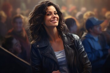 Portrait of a merry woman in her 30s sporting a classic leather jacket against a lively concert crowd background. AI Generation
