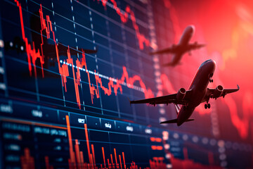 An airplane in front of red stock charts, depicting the concept of a falling stock price for an airline - obrazy, fototapety, plakaty