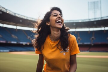 Obraz premium Portrait of a joyful indian woman in her 20s sporting a vintage band t-shirt against a dynamic sports stadium background. AI Generation