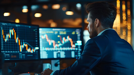 young businessman wearing a blue suit Sitting at a desk looking at stock market charts on a computer Generative AI
