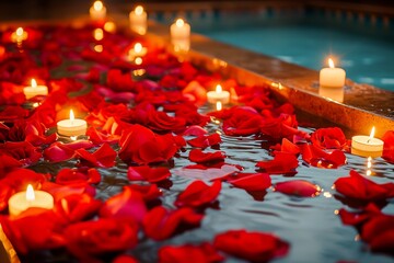 Romantic spa setting with floating candles and red rose petals in serene water, perfect for relaxation and special occasions.