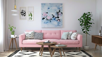 pink couch and lamp in the living room, in the style of playfully conceptual, wood, beige colors