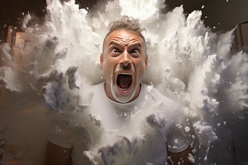 A man screams, an explosion of a large amount of white foam around him, a concept for shaving a man in a bathroom.