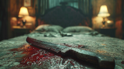 Bloody bedroom with a knife. - obrazy, fototapety, plakaty