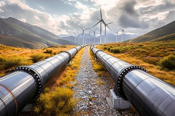 Panoramic landscape with wind turbines and large pipes under a cloudy sky, depicting renewable energy infrastructure. - obrazy, fototapety, plakaty