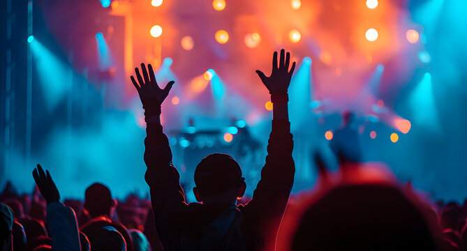 Man enthusiastically raises his arms in air, caught in moment of lively concert. Excitement and energy of live music events. Vibrant atmosphere of concerts and joy of being part of crowd