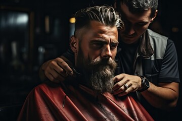 the barber puts a cape on the man to protect him from the cut hair
