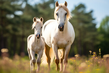 Obraz premium white horse and foal in the field,ai generated