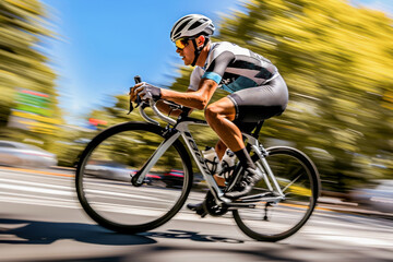 A dynamic photo of a male cyclist racing down an urban street with motion blur conveying speed and action.