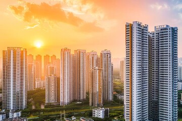 Obraz premium Golden sunset over a dense cityscape with towering skyscrapers and a warm orange sky.