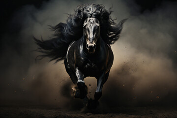 Obraz na płótnie Canvas black horse running on dark background,ai generated