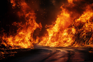 Road engulfed in fire and flames on a black background,ai generated