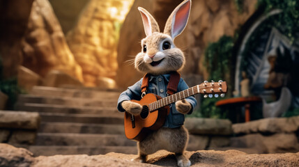 cartoonic easter bunny handling guitar ,Generative AI 