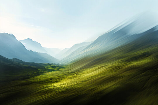 Blurred image of a green mountain range, nature motion blur 