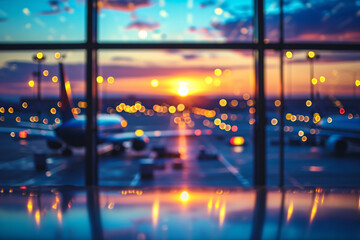 Defocused airport terminal, blurry view through a window at sunset