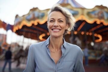 Portrait of a blissful woman in her 50s donning a classy polo shirt against a lively amusement park...