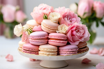 Plate with colorful macarons and pink flowers,ai generated