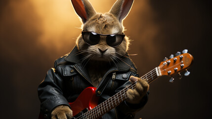 cartoonic easter bunny handling guitar ,Generative AI  - obrazy, fototapety, plakaty