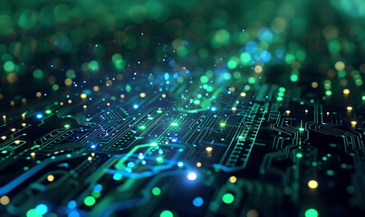 Quantum computer technologies background blue and green colour - obrazy, fototapety, plakaty