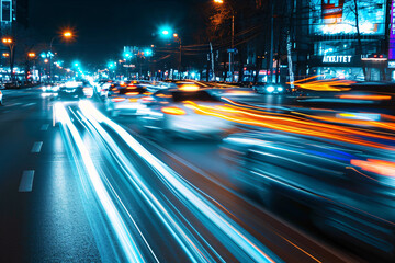 Blurry cars driving by at night, motion blur image