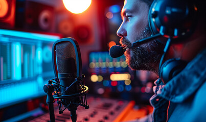 A radio announcer in a studio, wearing headphones and speaking into a high-quality microphone - obrazy, fototapety, plakaty