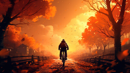 silhouette of a cycling person  in the autumn