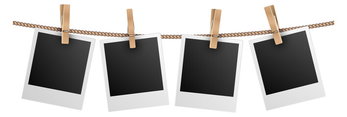 Photo cards realistic mockup. Frame hanging on rope © MicroOne