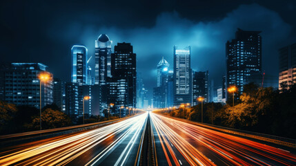 Fototapeta na wymiar Long exposure photo of a night road in a metropolis. Nighttime atmospheric light from cars. Generative AI