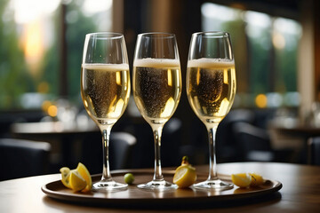 glasses of champagne or white wine on the background of the restaurant