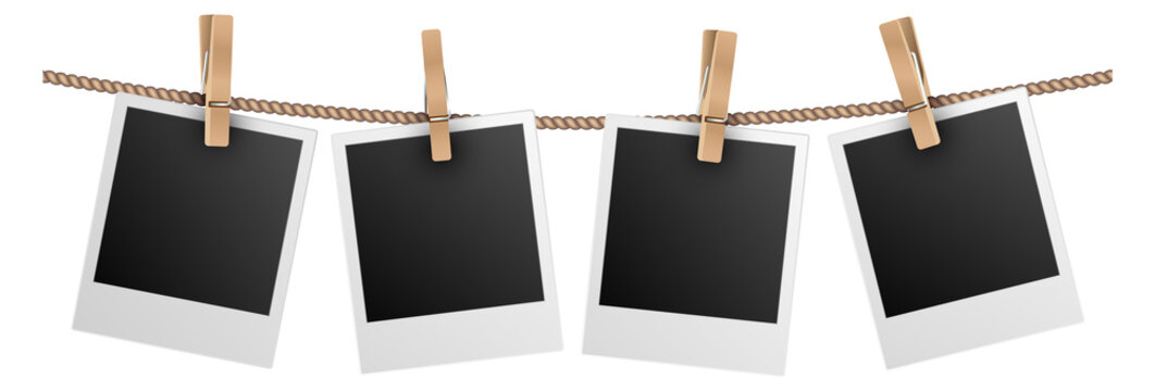 Photo cards realistic mockup. Frame hanging on rope