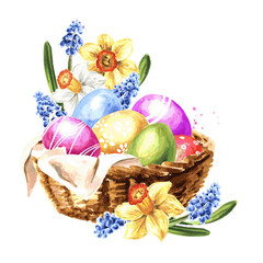 Easter colored eggs and spring flowers. Hand drawn watercolor illustration isolated on white background 